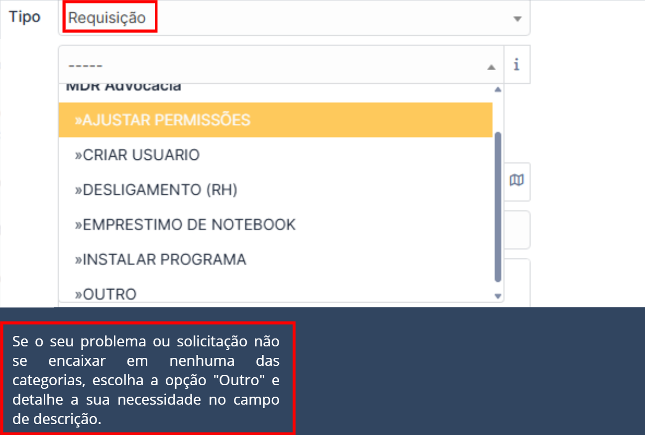 Tela de criação de chamado com o seletor de tipo Requisição e categorias de exemplo.
