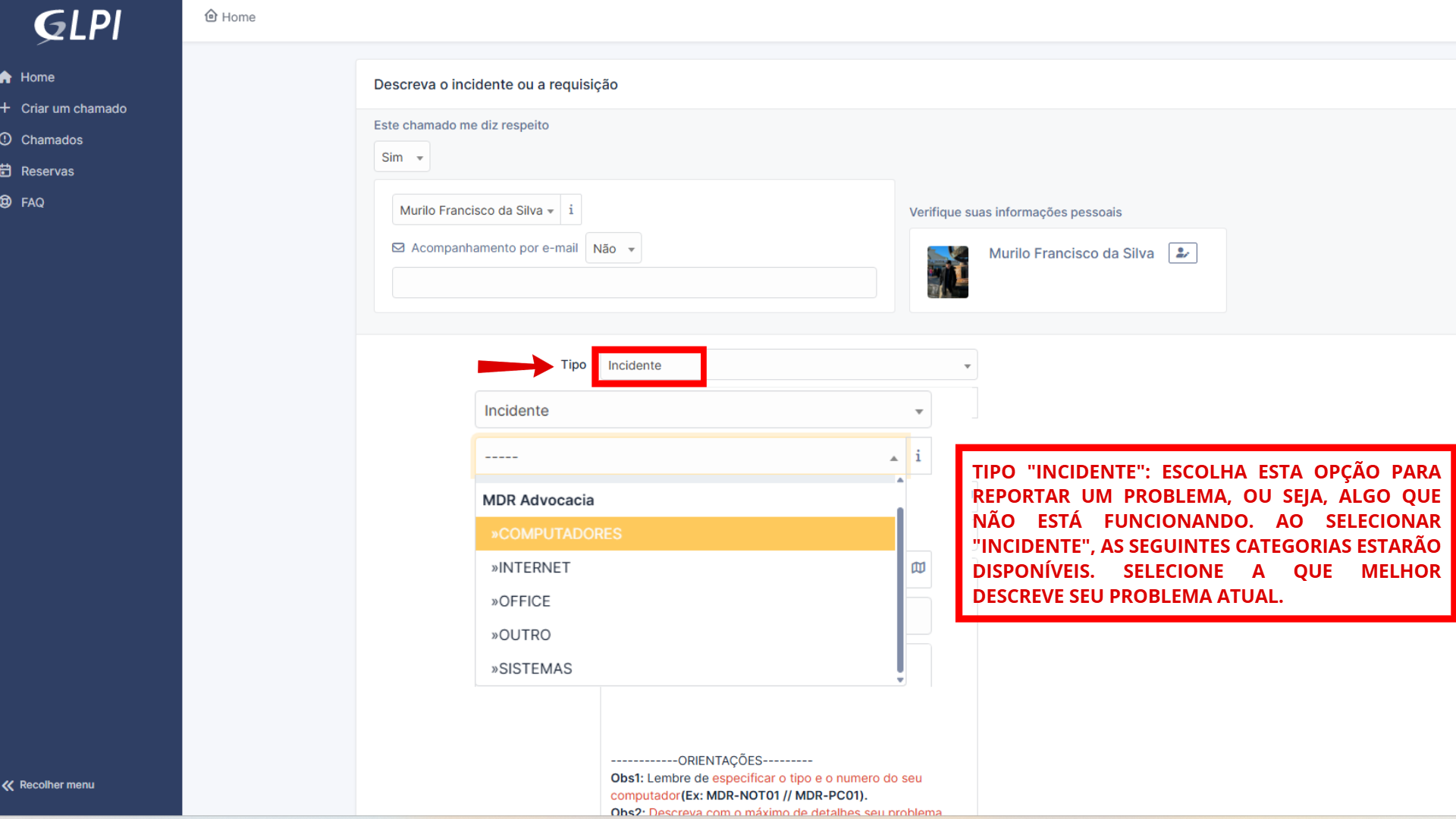Tela de criação de chamado com o seletor de tipo Requisição e categorias de exemplo.
